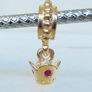 Genuine PANDORA 14k Gold Pink Sapphire Crown Dangle Charm 750434PSA